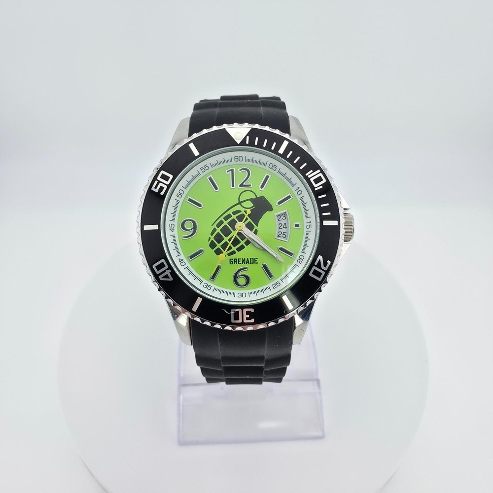 GRENADE Men's Watch Green Dial Unidirectional Diver Bezel Silicone Band 8"